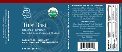 Tulsi Basil Botanical Simple Syrup, Certified Organic